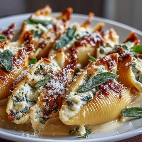 Creamy Pumpkin & Gouda Stuffed Shells are plated with a forkful of cheesy filling and brown butter Alfredo sauce.