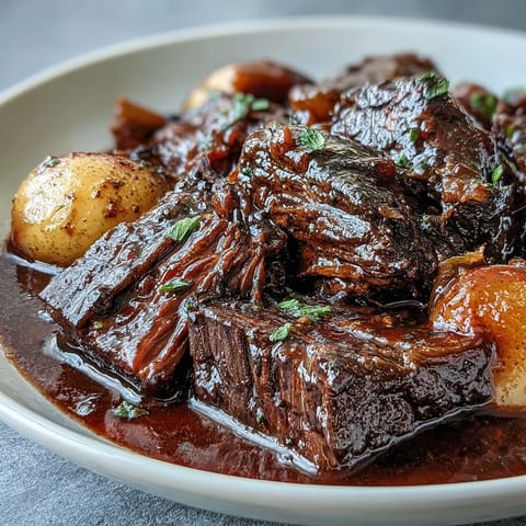 Slow-braised beef pot roast plated over buttered egg noodles, garnished with fresh parsley and drizzled with a rich red wine gravy.