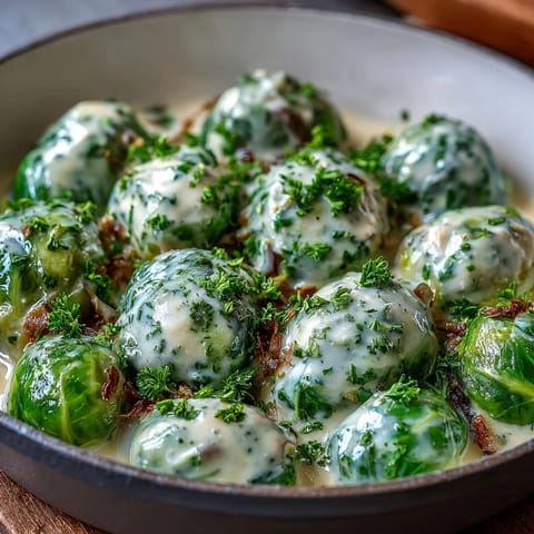 Golden Brussels sprouts nestled in velvety cream cheese mustard sauce, topped with parsley for a vibrant, weeknight vegetarian meal.