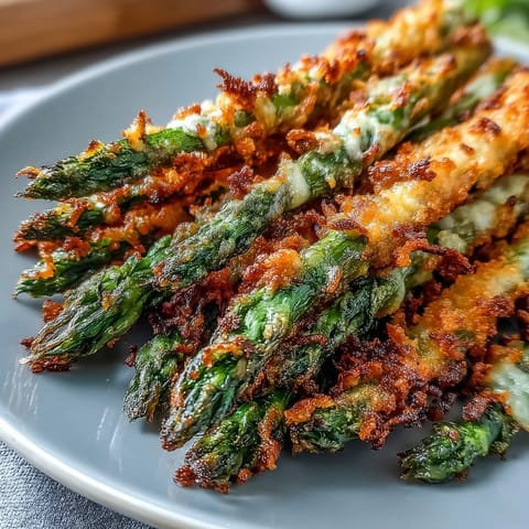 Crispy Asparagus Asiago Spears on a plate, showcasing crunchy panko crusts with hints of smoked paprika and garlic seasoning.