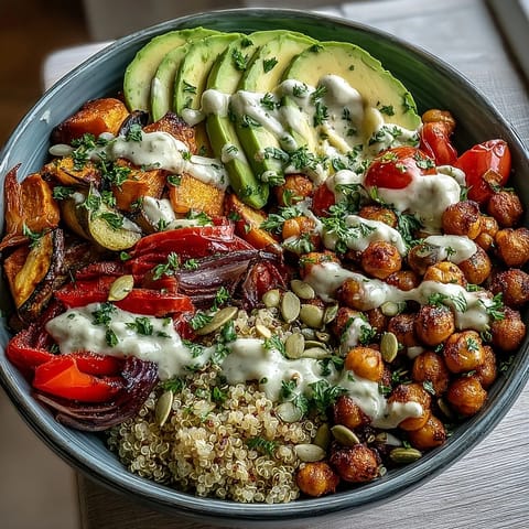 In a white bowl, fluffy quinoa and crisp avocado slices mix with golden roasted veggies in this Chickpea Power Bowl.