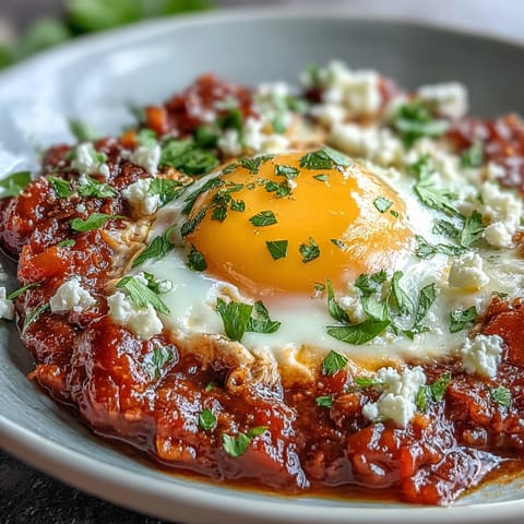 A bubbling skillet of Shakshuka Bowl garnished with fresh cilantro, feta, and vibrant yellow yolks ready to scoop.