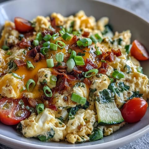 Scrambled Egg and Veggie Bowl piled high with fluffy eggs, sautéed peppers, and gooey melted cheddar.