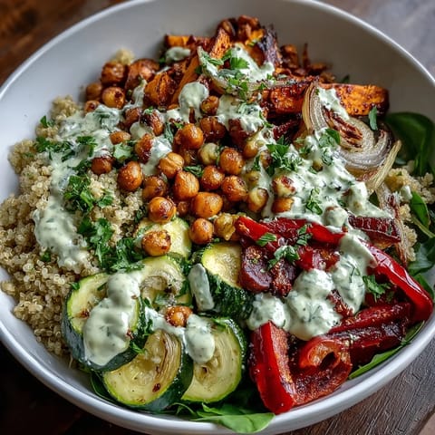A close-up of the Roasted Chickpea Power Bowl showing golden roasted vegetables and a generous drizzle of tangy tahini sauce.
