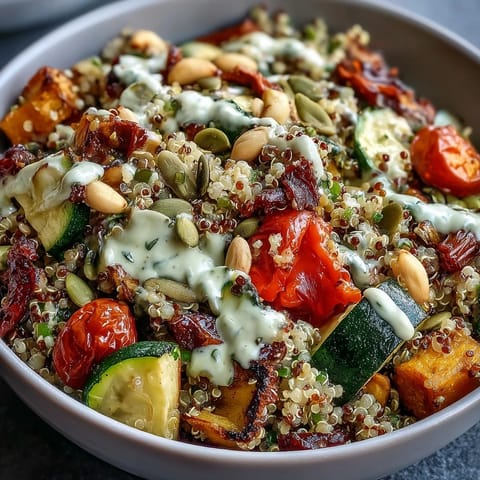 Close-up of a homemade Veggie and Quinoa Power Bowl featuring fluffy quinoa, crunchy almonds, and fresh cherry tomatoes for a healthy meal.