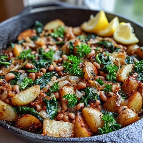 Sizzling black-eyed peas and golden potatoes simmer in a cast iron skillet with wilted spinach.