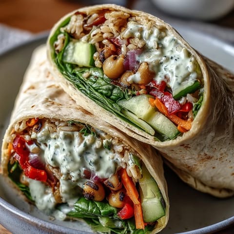 Colorful Black-Eyed Pea Wraps served with fresh vegetables and lemon wedges, showcasing the hearty whole wheat filling.