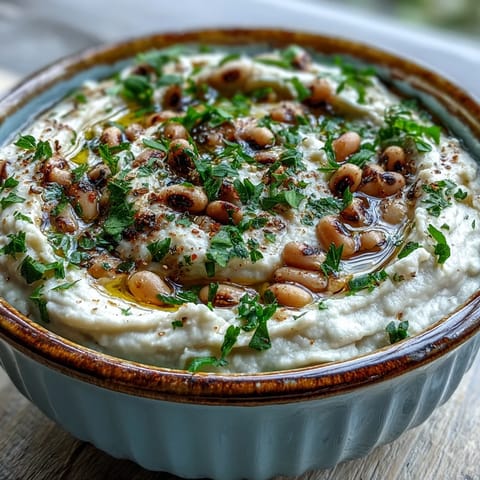 A rustic bowl of Smashed Black-Eyed Peas garnished with fresh parsley and lemon zest, perfect for dipping.