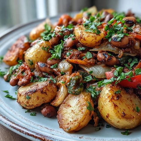 Golden roasted Black-Eyed Pea Hash with diced potatoes, red and green peppers, and fresh parsley garnish.