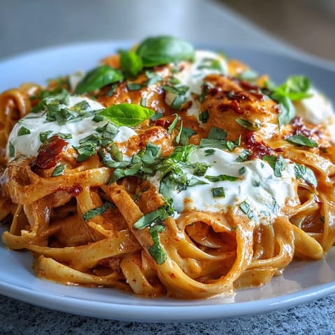 A fork twirls silky pasta in velvety roasted red pepper sauce, topped with torn creamy burrata for restaurant-style indulgence.