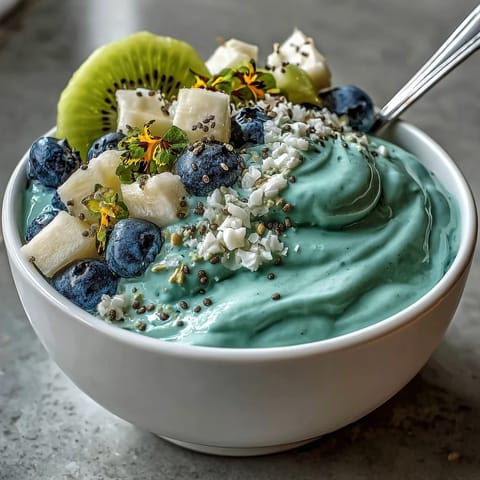 Two vibrant bowls of Whimsical Healthy Mermaid Smoothie Bowl topped with berries, coconut, and edible flowers for a whimsical breakfast.