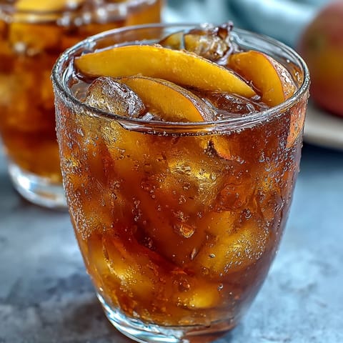 Freshly brewed black tea and sweet mango puree are poured over ice in a large glass pitcher.