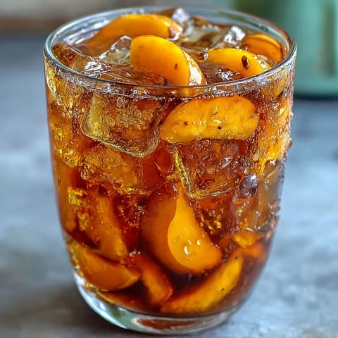 Bright yellow mango slices and mint leaves garnish glasses of iced tea on a sunny patio table.