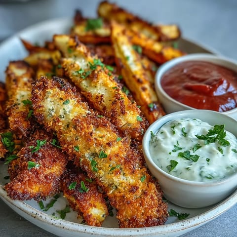 Golden-brown Crispy Baked Chicken Parmesan Fries served with marinara and ranch for dipping.