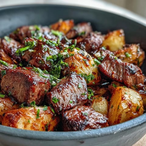 Garlic Butter Steak & Potato Skillet is served hot, topped with fresh parsley and chives.