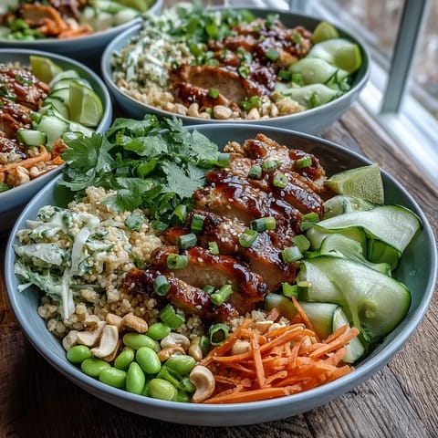 This overhead view of Sesame Ginger Chicken Couscous Bowls highlights edamame, green onions, and cashews tossed in a glossy sesame-ginger dressing.