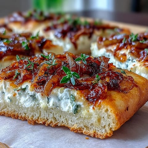 Golden Goat Cheese & Caramelized Onion Flatbread fresh from the oven, topped with fresh arugula.