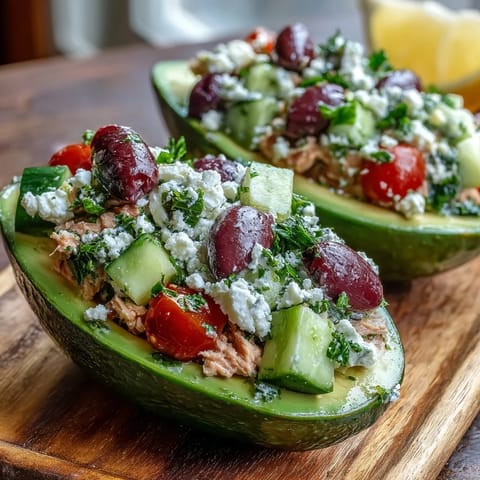 Ripe avocado halves overflowing with zesty Mediterranean Tuna Salad, featuring cherry tomatoes, cucumber, and Kalamata olives on a rustic white plate.