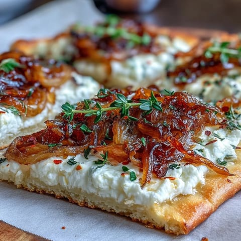 A slice of Goat Cheese & Caramelized Onion Flatbread drizzled with honey on a rustic board.