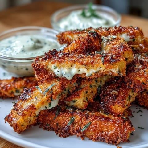 Baked Parmesan-crusted chicken strips served fry-style with zesty marinara and creamy ranch dips.