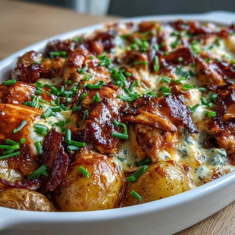 Buffalo Ranch Chicken Potato Bake with juicy chicken, tender potatoes, and creamy buffalo ranch sauce baked to perfection.  