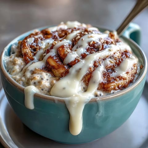 Velvety cinnamon oats layered with Greek yogurt and a tangy cream cheese-style topping.  