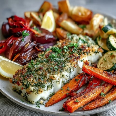 Fresh cod fillets topped with a fragrant mix of parsley, dill, and chives, baked alongside caramelized roasted vegetables for a wholesome Mediterranean meal.  