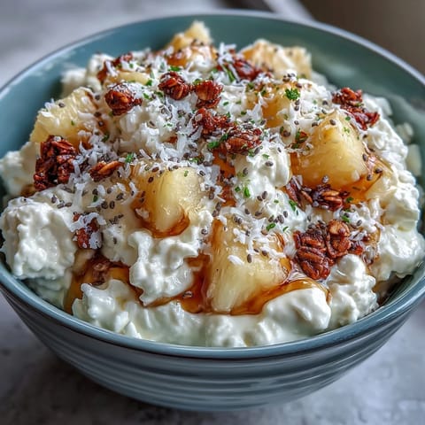 A vibrant breakfast bowl with creamy cottage cheese, juicy pineapple chunks, and crunchy granola for a tropical start.