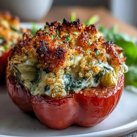 Creamy cashew-based filling packed with fresh spinach and artichokes, spooned into roasted bell peppers for a hearty plant-based meal.  