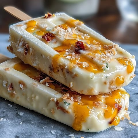 Creamy mango Greek yogurt popsicles with lime zest and coconut, a refreshing frozen dessert perfect for summer snacking.