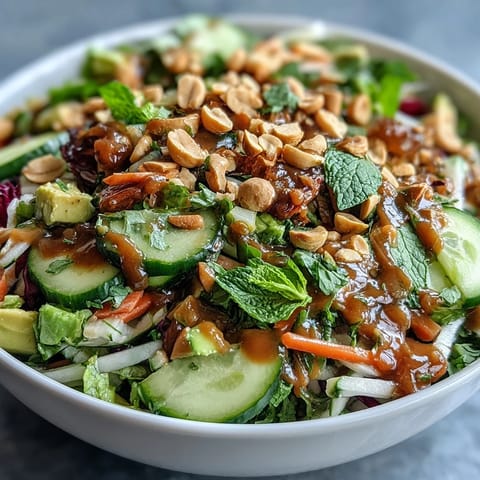 Vibrant spring roll salad with peanut dressing, featuring colorful vegetables, herbs, and a zesty, creamy topping.  