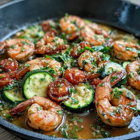 Colorful one-pan lemon butter shrimp with zucchini and tomatoes, roasted to perfection for a quick, healthy weeknight dinner.  