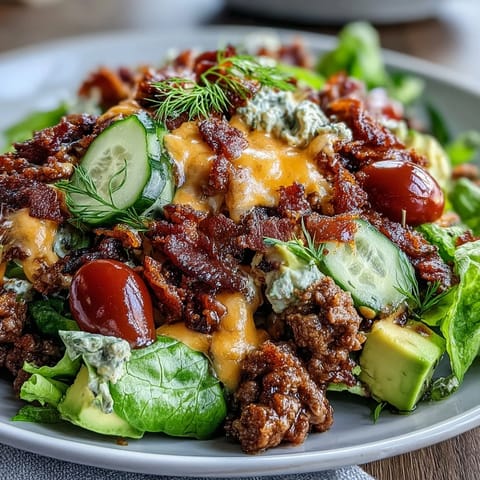 A vibrant keto bacon cheeseburger salad with avocado, pickles, and cheddar, served in a bowl with a drizzle of creamy burger sauce.  