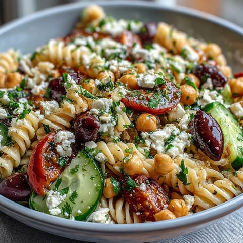 Refreshing vegetarian pasta salad featuring chickpeas, feta, and crisp vegetables tossed with zesty vinaigrette.  