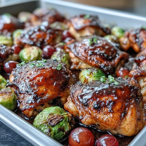 Balsamic-glazed chicken thighs roast alongside Brussels sprouts and grapes for a flavorful, easy weeknight meal with minimal cleanup.