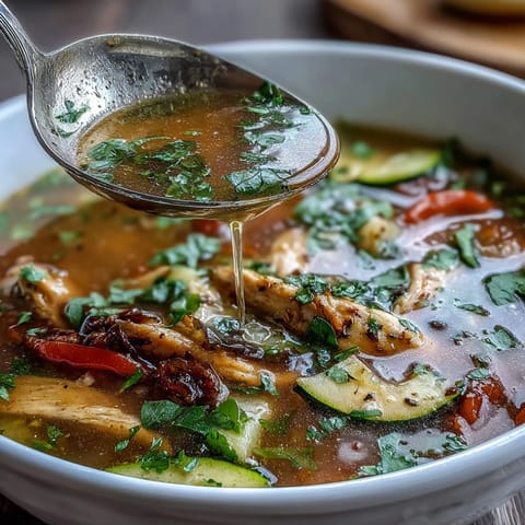 Colorful slices of chicken, bell peppers, and zucchini simmer in a fragrant, spiced broth for a healthy Tex-Mex meal.  