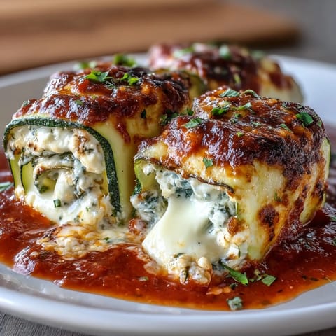 Low-carb zucchini roll-ups baked in marinara, stuffed with ricotta, Parmesan, and mozzarella.  