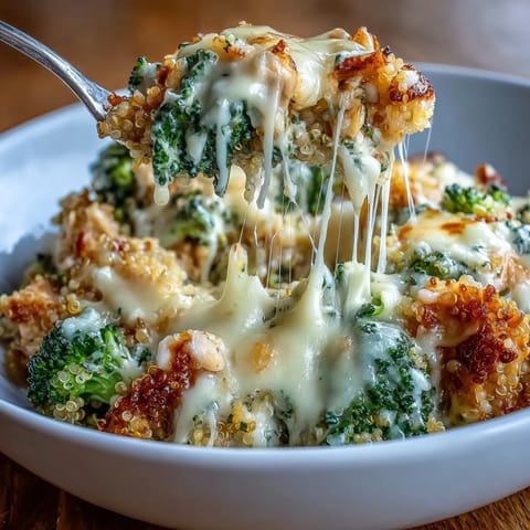 Wholesome broccoli quinoa casserole with tender chicken, creamy cheese, and steamed broccoli in a golden baked dish.
