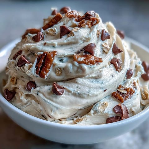 A bowl of creamy Greek yogurt cookie dough with mini chocolate chips, perfect for a healthy snack or dessert.