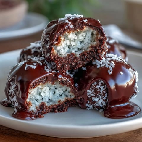 Healthy chocolate coconut bites arranged on a rustic wooden board, drizzled with glossy dark chocolate and sprinkled with shredded coconut.