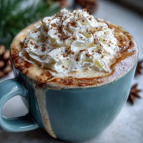 Warm Christmas chai latte in a festive mug, topped with spiced whipped cream and dusted with cinnamon.  