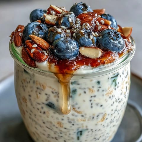 Creamy overnight oats layered with chia seeds, fresh blueberries, and honey in glass jars for a healthy breakfast.