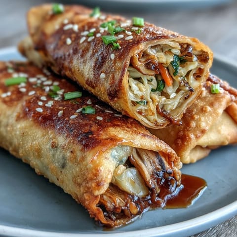 Crispy air fryer vegetable egg rolls filled with cabbage, carrots, and mushrooms, served with tangy soy-ginger glaze.  