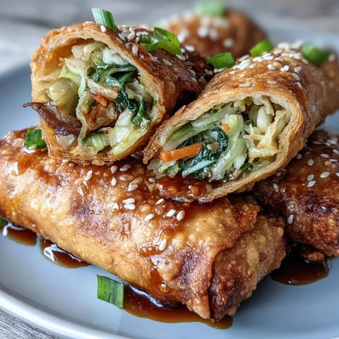 Golden-brown egg rolls with colorful vegetable filling, perfectly air-fried and paired with a rich, gingery dipping sauce.  