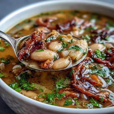Hearty white bean and ham hock soup in a rustic bowl, topped with fresh parsley and served with crusty bread for a cozy meal.  