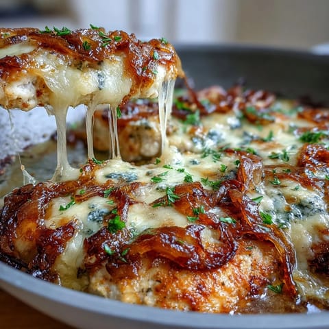 Baked French Onion Chicken with Gruyere cheese, featuring golden chicken breasts smothered in rich, savory onion sauce.  