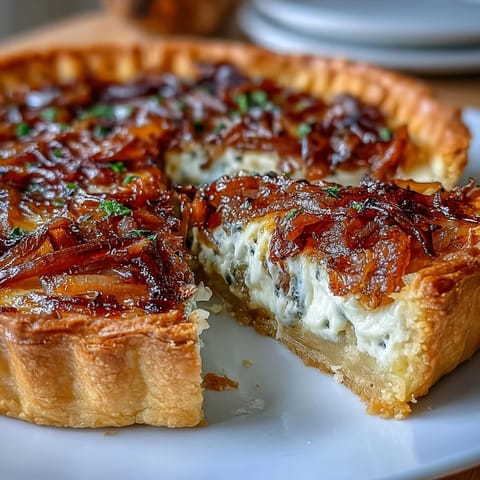 Caramelized Onion and Gruyere Tart with golden onions and melted cheese baked in flaky pastry crust for brunch.