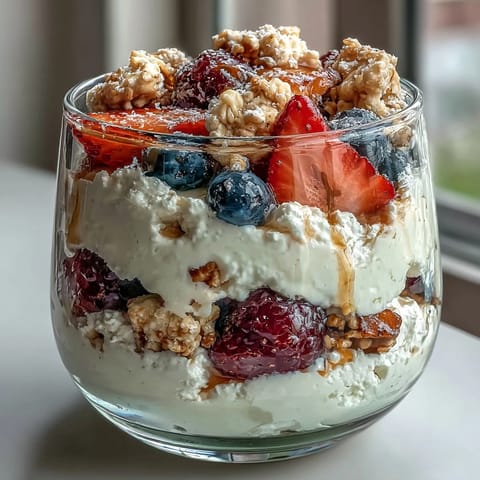 Creamy cottage cheese parfait layered with fresh berries and crunchy granola for a protein-packed breakfast.