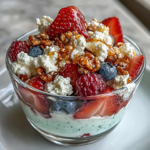 Vibrant layers of cottage cheese, mixed berries, and granola create a refreshing, high-protein morning treat.