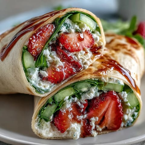 Fresh strawberry spinach wraps with creamy goat cheese and tangy balsamic glaze, served on a rustic wooden board.  